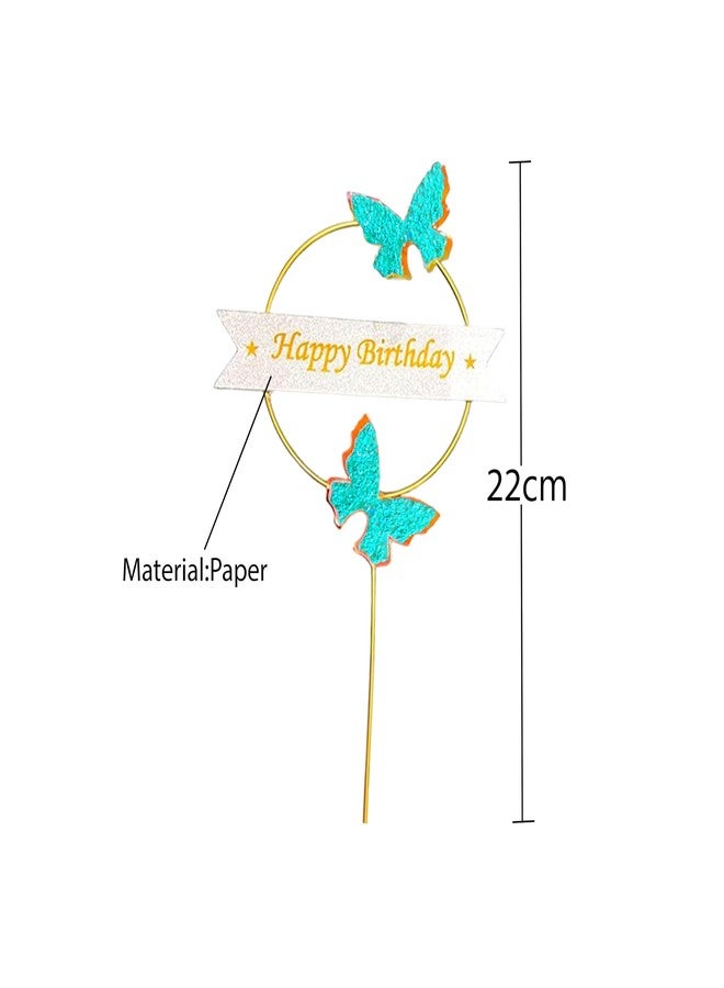 pop colours Happy Birthday Cake Topper | with Butterflies| 22 cm | Paper Circle Design, Gold Metal Ring With Blue Gliter Butterfly with Banner |(Blue) - Image 3
